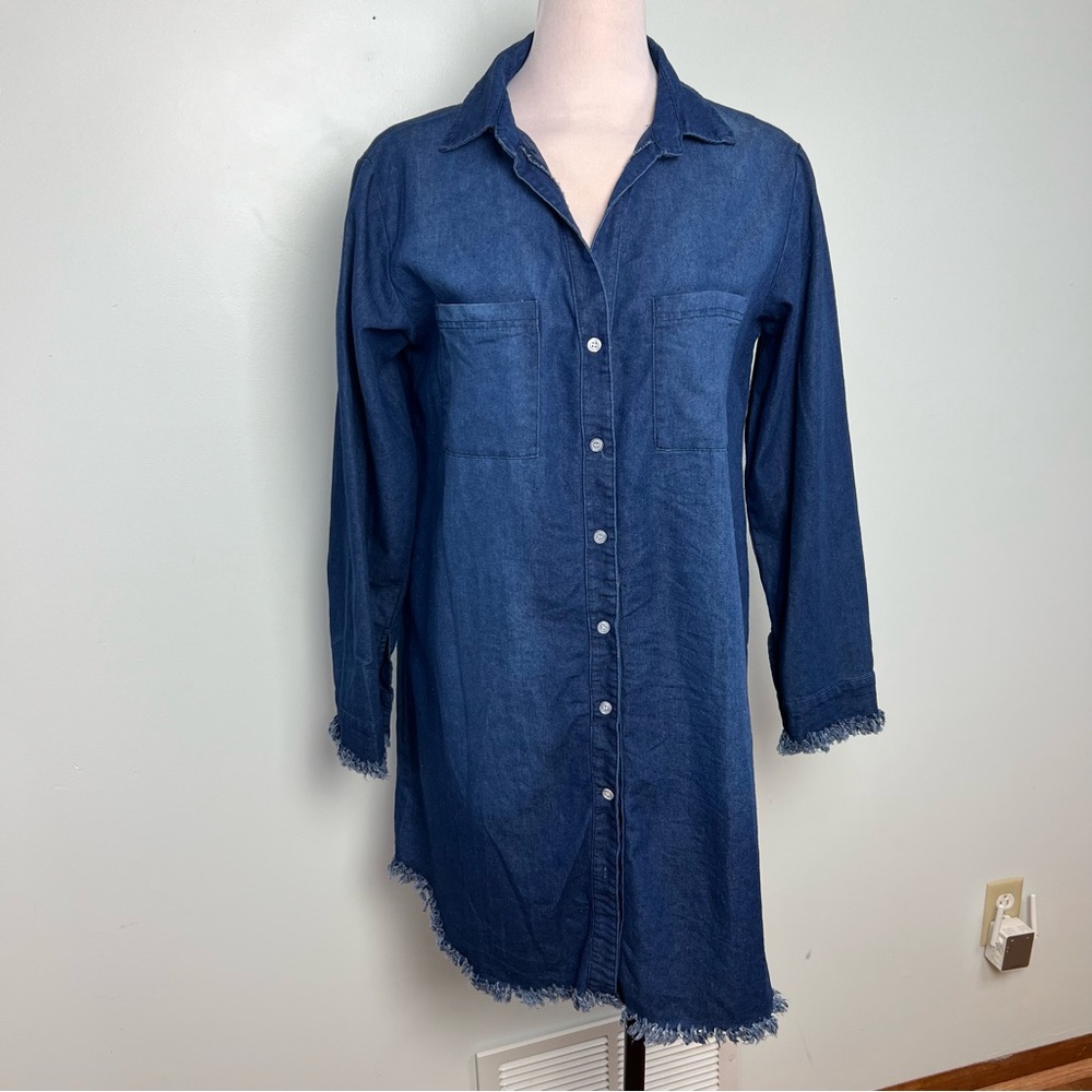 Francis Cabral Chambray Button Front Shirt Dress Frayed Hem Size Large